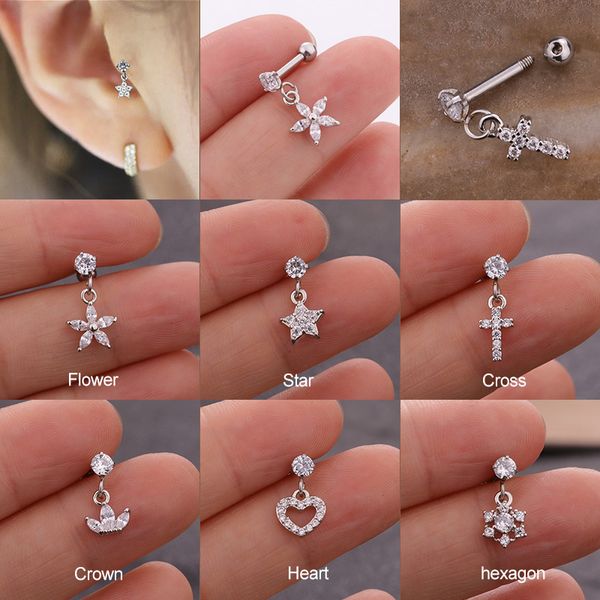 

sellsets 1pcs new flower star cross crown heart cz ear piercing jewelry dangle tragus earring conch stud helix cartilage earring, Slivery;golden