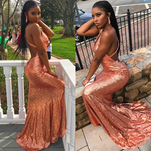 

sequin mermaid long prom dresses deep v neck backless gold champagne party dresses black girls prom gowns sweep train
