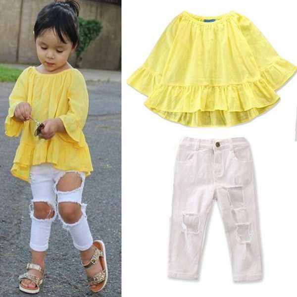 

2018 fall girls boutique outfits fashion childrens clothing sets baby girl clothes kids ruffle tops long sleeve t shirts ripped pants white
