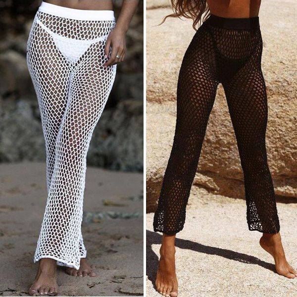 

crochet fishnet pants women bikini cover up swimwear hand crochet beach sunscreen trousers, White;black