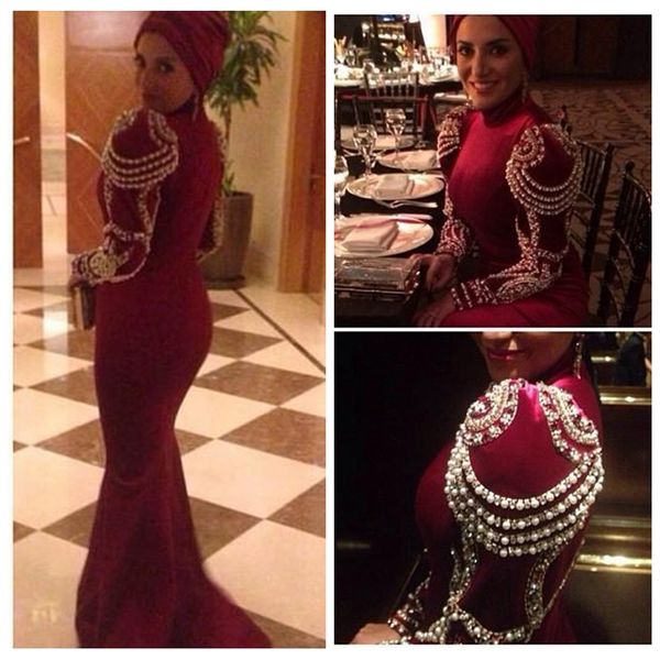 

2019 modest middle east elegant high collar evening dresses sleeve with beads pearls arabic mermaid wine red long evening prom dresses, Black;red