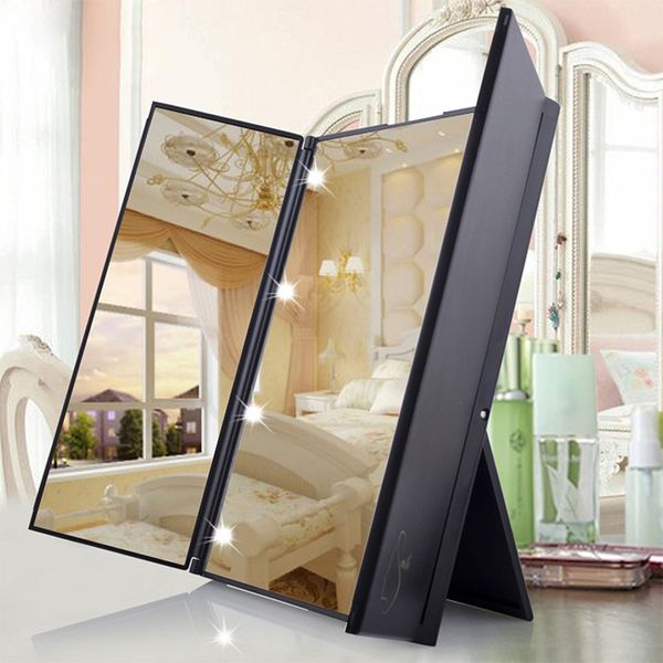 

wholesale- tri-fold makeup mirror with led light portable travel compact pocket mirrors travel fold cosmetic mirror h7jp