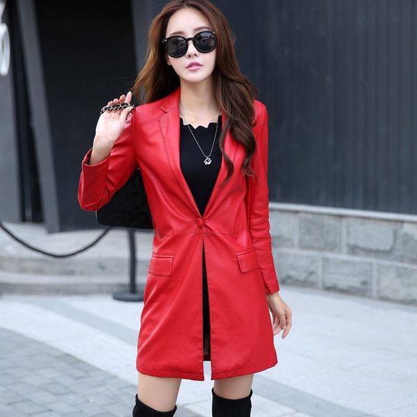 

casual fashion women long faux leather jacket turn-down collar solid winter jacket pockets motorcycle pu leather, Black