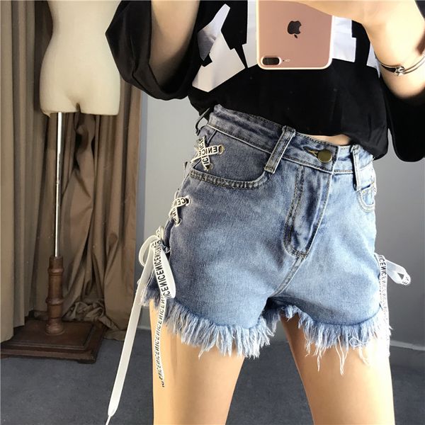 

2019 summer pants new korean fashion wild fringe flashing denim pants female, Blue