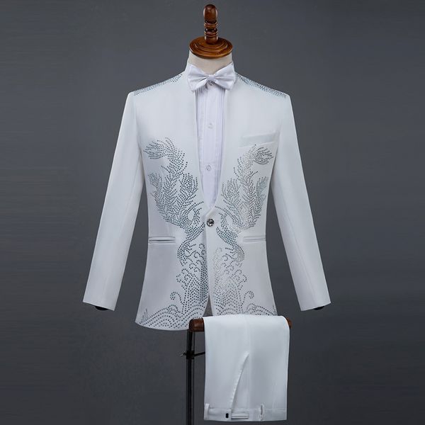 

cozimastarla men summer performance black diamond costumes stand collar singer host stage white wedding groom suits pant+bow, White;black