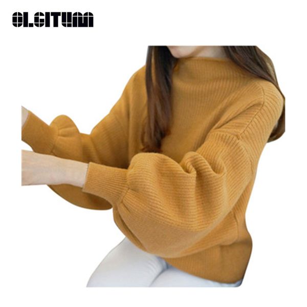

new olgitum korean style spring autumn half collar sweater pullover bottoming lantern sleeve loose sweater female sw323, White;black