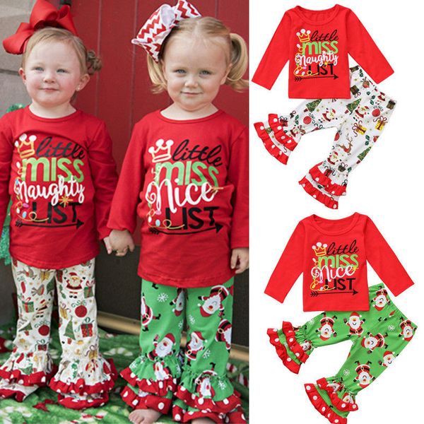 

christmas kids baby girls clothes sets santa xmas tree letters long sleeve t-shirt + cartoon pants comfy sisters wears, White