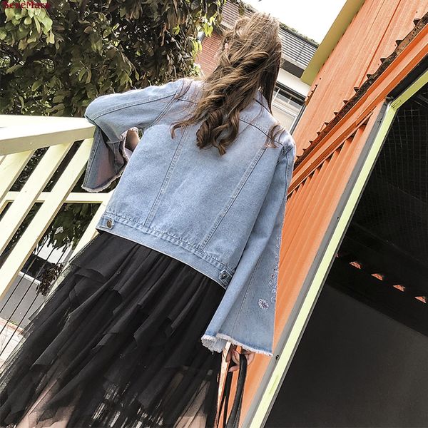 

sexemara fashion the new loose embroidery split bell sleeve denim jacket ing, Black;brown