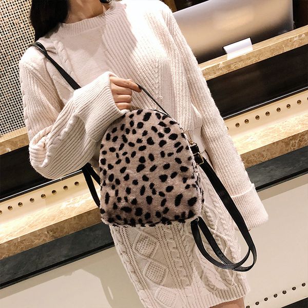 

leopard women backpack winter plush women school travel backpack fashion small girls bag for school females schoolbag new