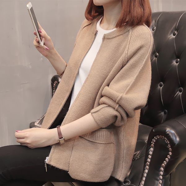 

autumn winter women sweater cardigan casual long sleeve loose knitwear coat female zipper knitted cardigans with two pocket, White;black