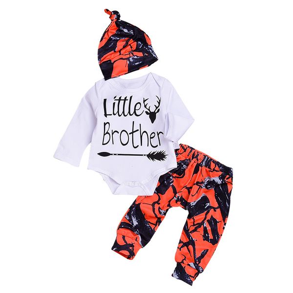 2018 New Toddler Baby Boys Set Little Brother Pagliaccetto + Pantaloni lunghi Leggings + Cappello Abiti mimetici arancioni 3PCS Set Vestiti per neonati