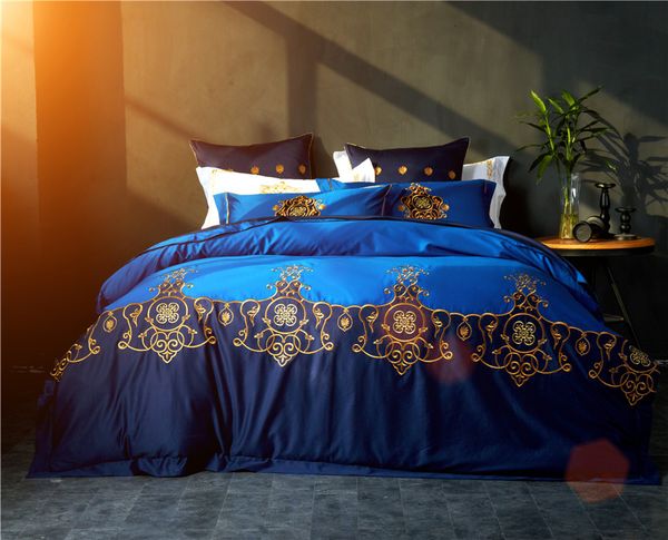 

blue luxury golden embroidery 60s egyptian cotton bedding set duvet cover bed linen bed sheet pillowcases  king size 4/6pcs