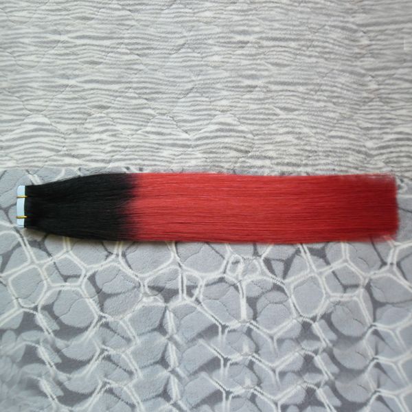 T1B / Kırmızı ombre İnsan saç uzatma Bant Saç Uzantıları Cilt Atkı (PU) İnsan Remy Brezilyalı Düz ​​100g 40 parça 14 
