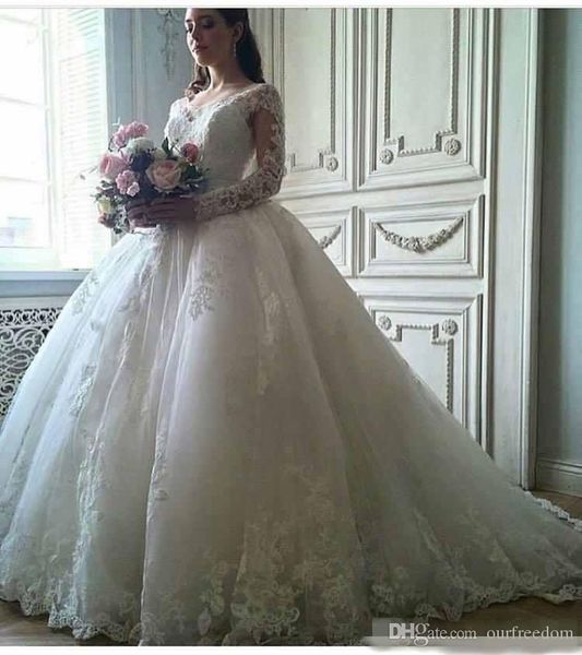 

vintage 2018 lace ball gown wedding dresses applique v neck long sleeves tiered tulle court train wedding bridal gowns elegant custom, White