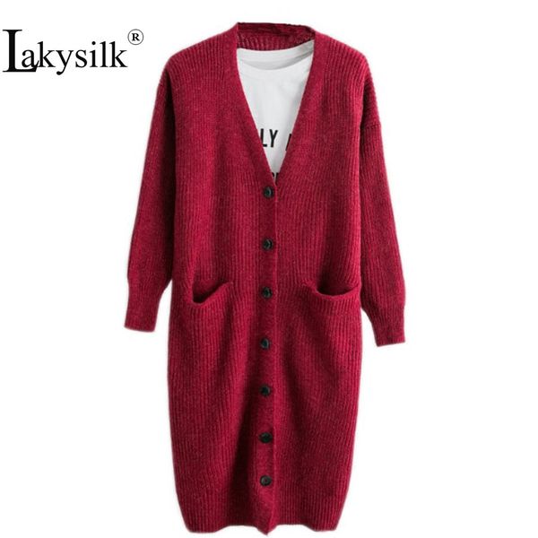 

lakysilk] loose plus size red casual women long cardigans v-neck knitted cotton female solid color winter sweaters autumn 2018, White;black