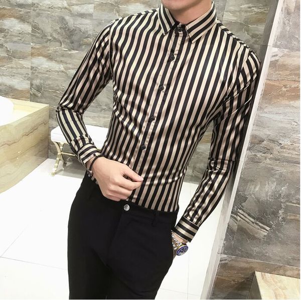 

new arrival men's clothing male handsome personality striped long sleeved shirts man air stylist nightclub dress shirts 2 colors, White;black