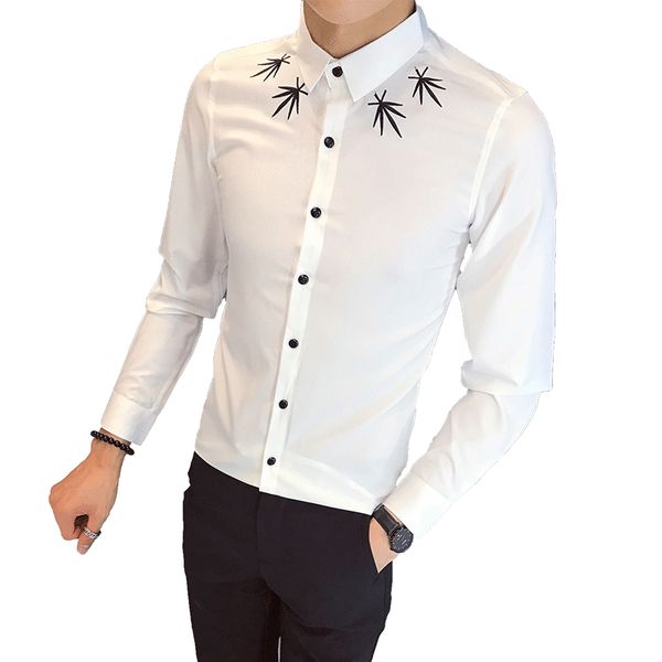 

new 2018 autumn mens fashion dress tuexdo shirt slim fit printed long sleeve lapel casual shirt plus size s-4xl 5xl clothes, White;black