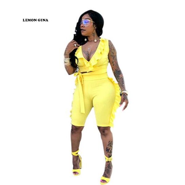 

lemon gina ruffles sashes summer tracksuits two pieces suits 2018 casual women overalls lady bandage fashion outfit wy6456, White
