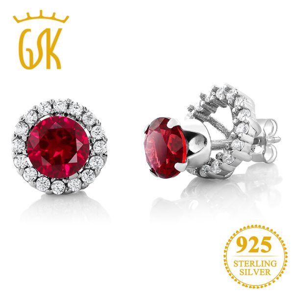 

gemstoneking 2.00 ct round 6mm red created ruby earrings for women solid 925 sterling silver removable jacket stud earrings, Golden;silver
