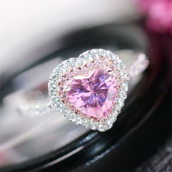 

s925 sterling silver rings for women heart pink z diamant lover bridal wedding ring fine jewelry temperament bijoux femme, Golden;silver