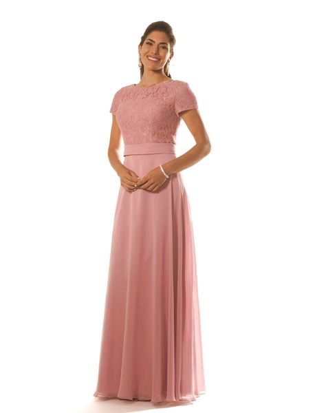 Vestidos de dama de honra modestos rosa empoeirado com mangas curtas corpete da jóia de chiffon GPWNs da noite formal.