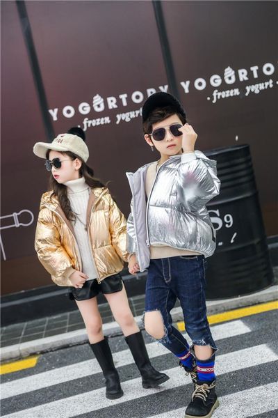 

2018 autumn winter girl/boys cotton jacket for children's clothing thicken outerwear & coats gold/silver hooded down jacket, Blue;gray