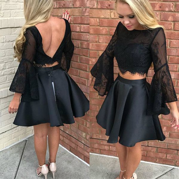 

two pieces short prom dresses black long sleeves lace beaded homecoming dresses backless mini cocktail party gowns