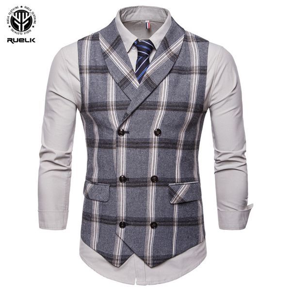 

ruelk new classic plaid suit vest men slim fit double breasted vest waistcoat mens business wedding tuxedo gilet homme, Black;white