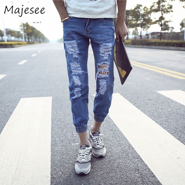 

men jeans mens jean pencil pants ankle-length hole washed distressed korean style pockets stretchy new students fashion trousers, Blue