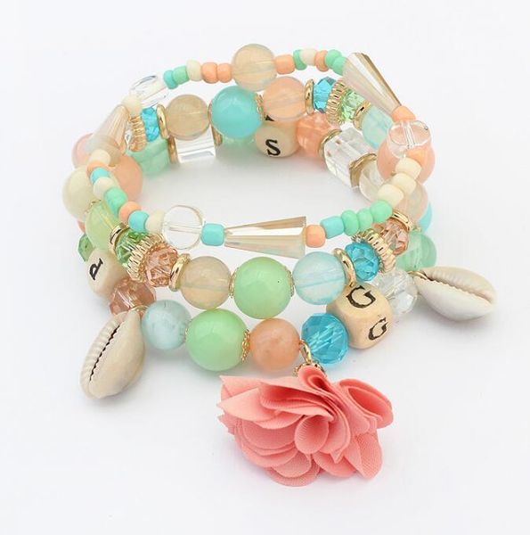 

dhl multilayer bracelet set women flower and shell pendant charm handmade elastic bracelets beads strand bracelet fashion jewelry, Golden;silver