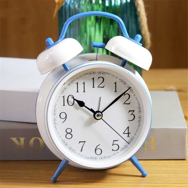 

simple white metal alarm clock bedroom mute needle table clock with night light function student gets up bell