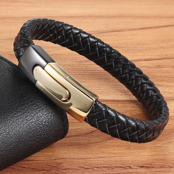 

xqni punk easy hook black gold combination snake chain stainless steel leather bracelet for men fashion magnetic bracelet gift, Golden;silver