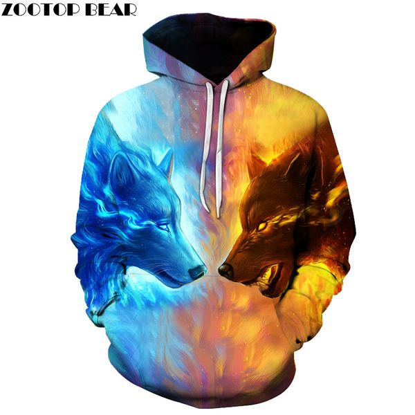 

O-Neck Ice Fire Wolf Hoodies 3D Men Women Sweatshirts Fashion Pullover Autumn Tracksuits Harajuku Outwear Casual Animal Male Jacket