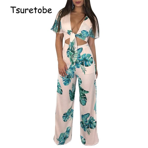 

tsuretobe printed v neck jumpsuit summer elegant bandage wide leg jumpsuit women slim casual female comfortable, Black;white