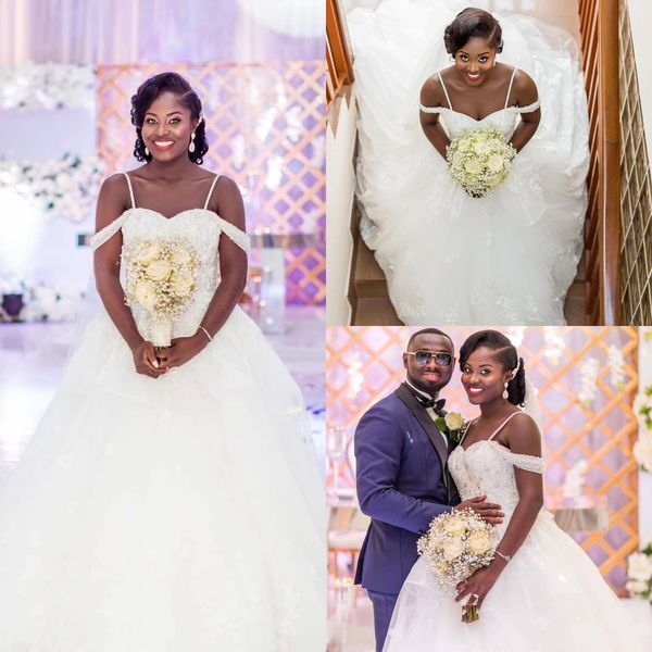 

new gorgeous off the shoulder spaghetti mermaid wedding dresses 2018 arabic lace beading wedding bridal gowns with long train, White