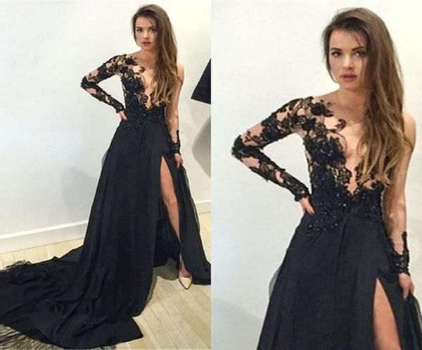 

2019 новый черный сторона сплит вечерние платья sheer шеи кружева аппликация русалка пром платье суд поезд дешевые формальные красный ковер, Black;red