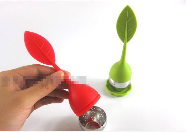 

2015 new home stainless steel tea spoon infuser strainer filter with green silicone leaf lid