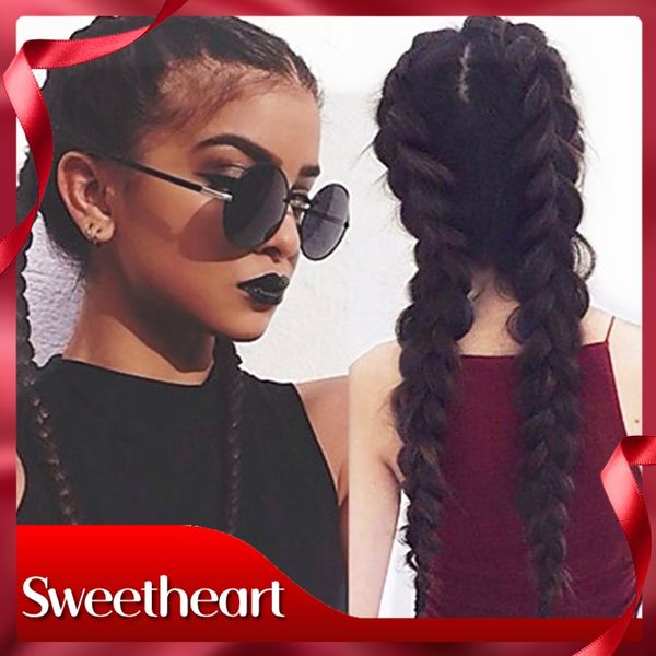 Top Sexy Middle Part Long Double Braids Straight Natural Black