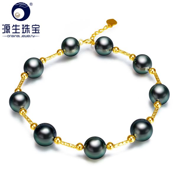 

ys]gift 8-9mm black genuine tahitian pearl 18k gold luxury black pearl bracelets, Golden;silver