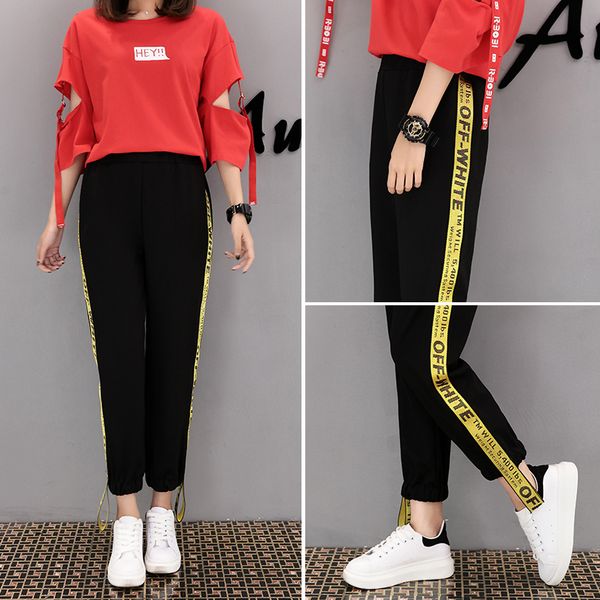

18ss OFF Letter Women's Pants Yellow Ribbon White Logo Sports Wear Fashion Women Sweatpants Harem Pants Spring Autumn Leggings