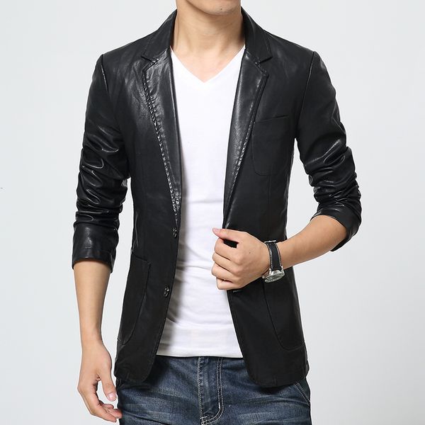 

wholesale- men slim suit collar solid water wash faux leather blazers casual leather jacket coat two button multi pocket, Black