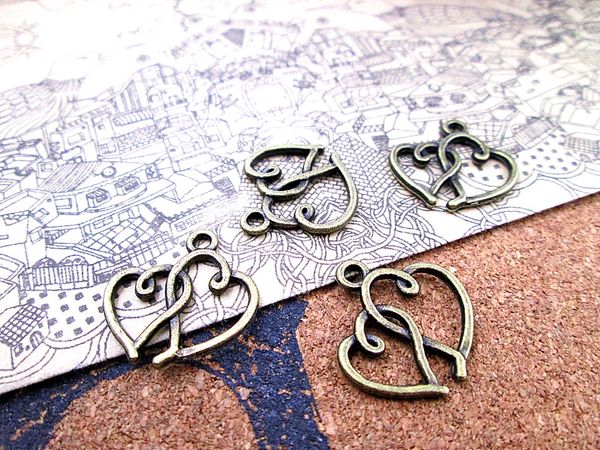 

60pcs-- 17*18mm antique bronze two hearts charms pendants, Bronze;silver