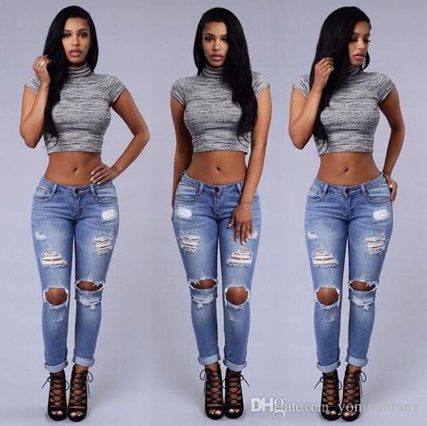 

wholesale-new fashion ripped jeans femme casual washed holes boyfriend jeans for women regular long torn jeans wild denim pants, Blue