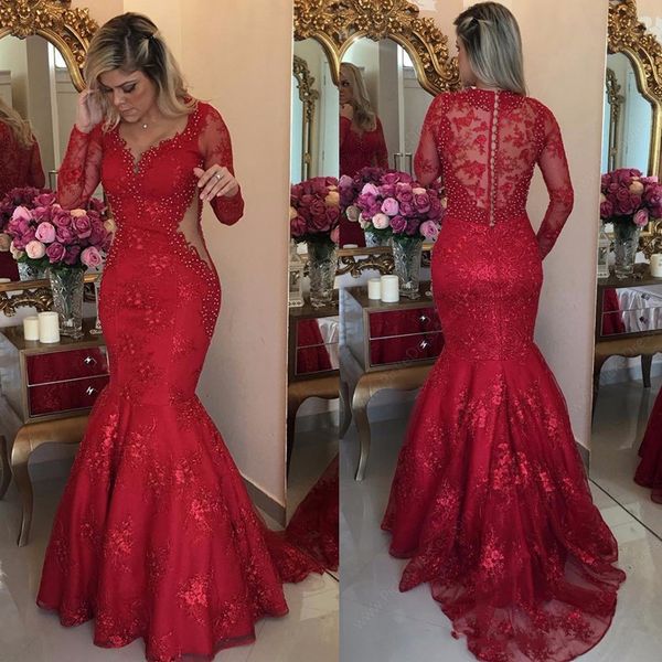

v-neck red tulle appliques lace sweep train long sleeve red prom dresses lace evening dress formal gowns, Black