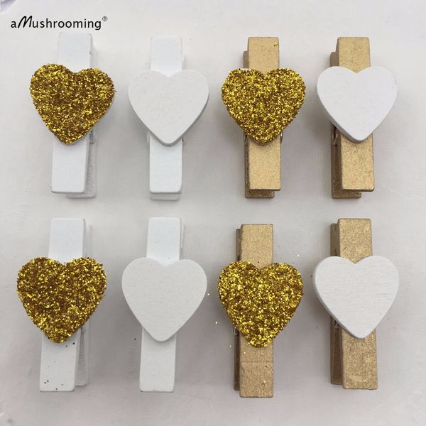Set Of 20 Gold Glitter Heart Clothespins Rustic Wedding Decor