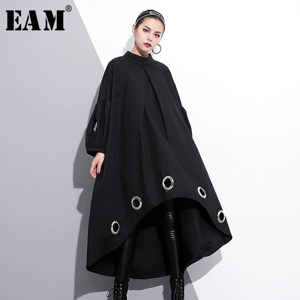 

eam] 2018 new autumn round neck long sleeve solid color black metal ring big size hollow out dress women fashion tide je29201, White;black