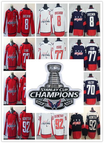 

Washington Capitals 2018 Stanley Cup Final Champions Patch Jerseys Caps #8 Alex Ovechkin 77 TJ Oshie 92 Kuznetsov 70 Holtby Red Navy White
