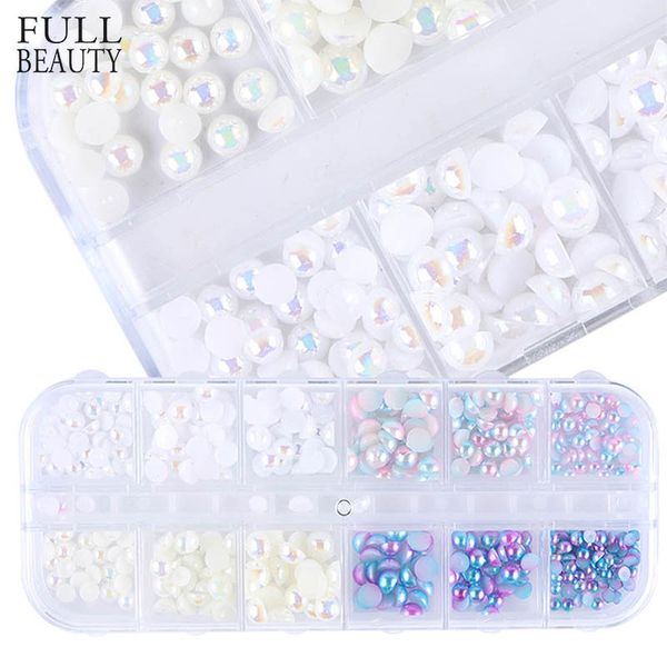 

full beauty 12 grids 3d nail pearl rhinestones mermaid ab natural white diy mixed designs manicure nail decorations case ch535, Silver;gold