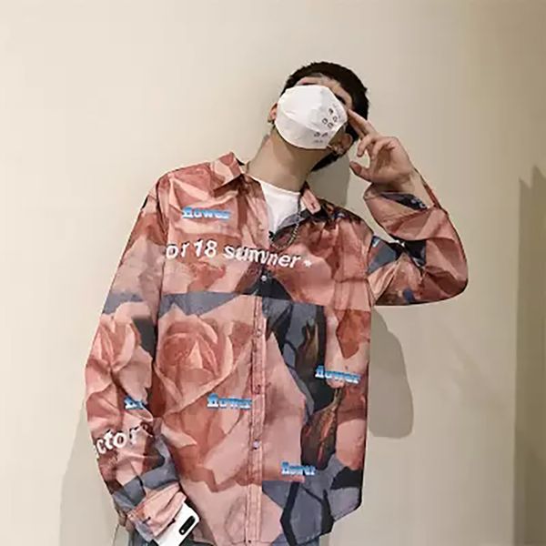 

mens hawaiian shirt male casual printed shirts long sleeve young people loose kemeja pria lengan panjang motif clothing 50cs011, White;black