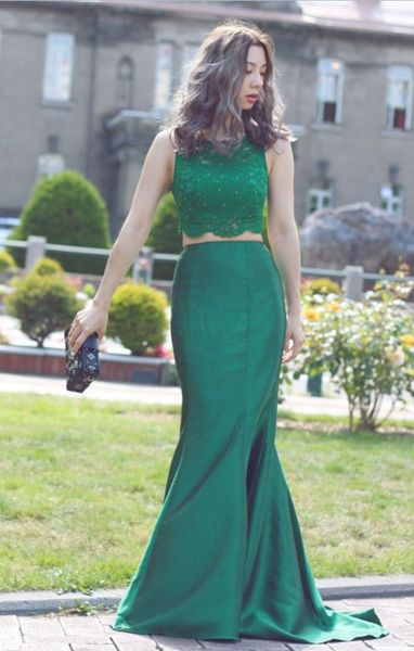 

green two piece long prom dress sleeveless lace beaded mermaid prom dresses vestidos de fiesta, Black